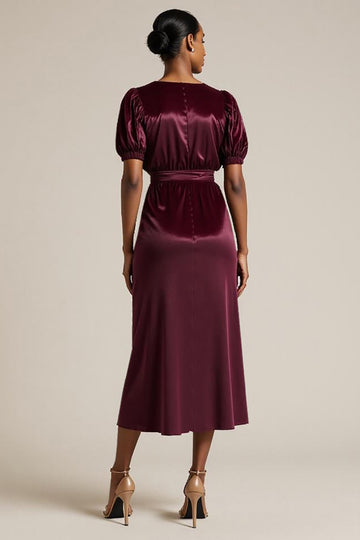 Burgundy Midi Sheath Wedding Guest Dress with Puff Sleeves